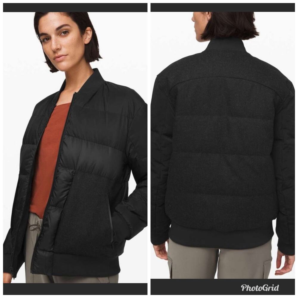Lululemon Roam Far Wool Bomber Jacket Black/ Heathered black Long Sleeve Size 6